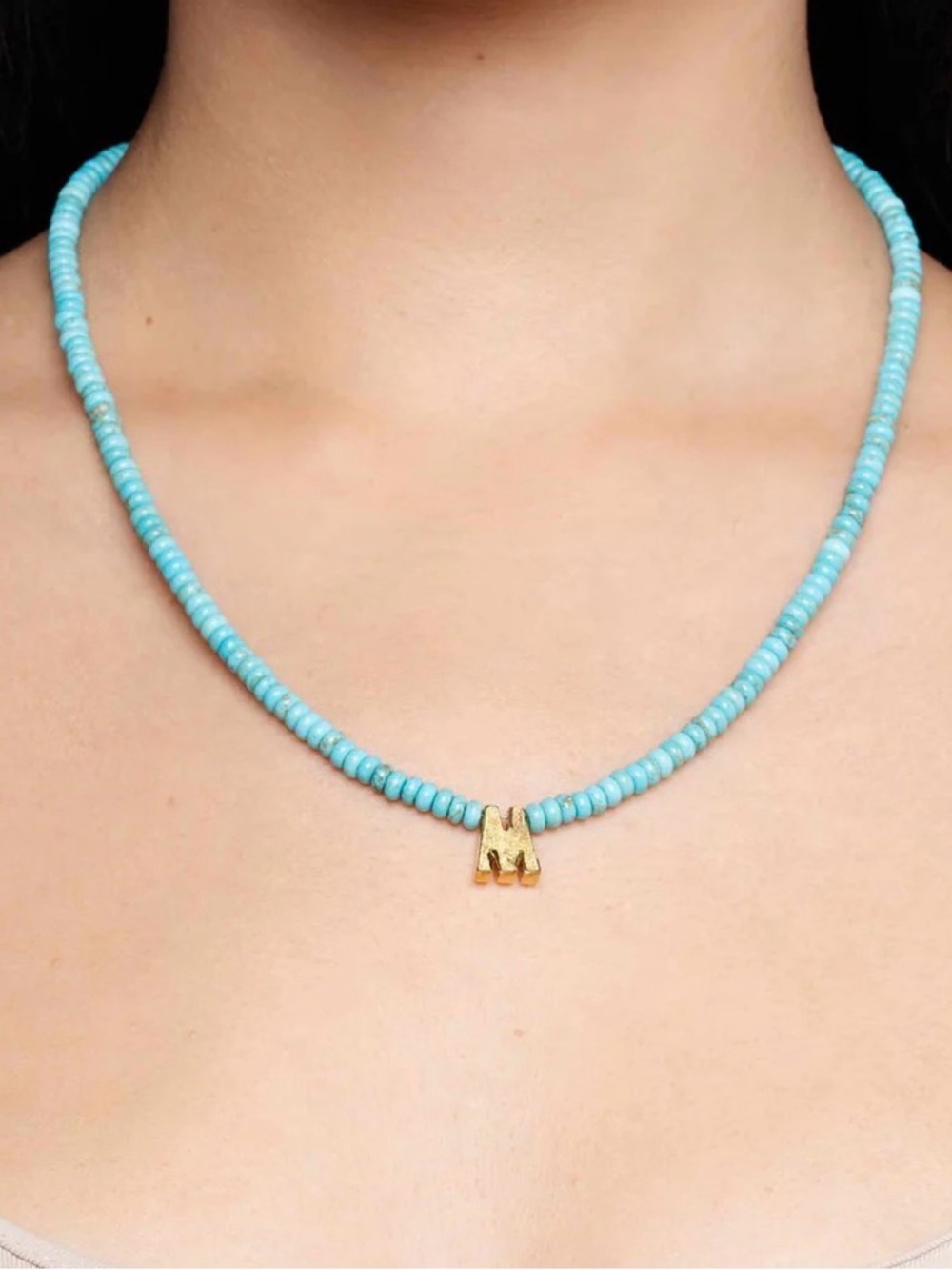 MAYAMAR Turquoise Beads Necklace Inial F NEW in Drawstring Pouch - Picture 3 of 7